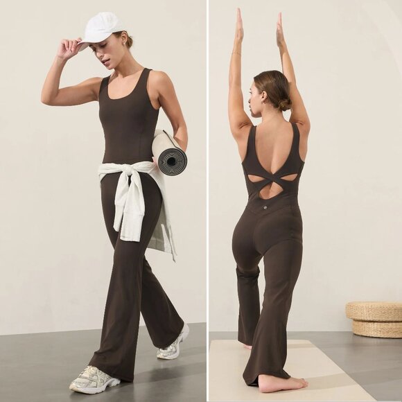 ATHLETA Salutation Flare BODYSUIT Size S Truffle Brown Yoga NEW $145 - Picture 1 of 9